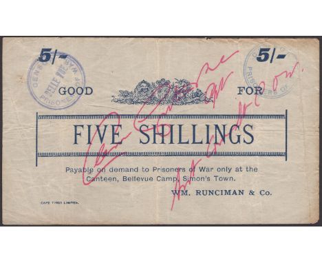 Bellevue POW Camp, Simon’s Town, good for 5 Shillings, ND (1901), blue print, cancelled with red ink across face, slightly un