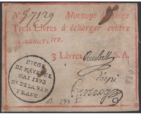 Siege of Mayence, error 3 Livres, second issue, May 1793, serial number 87129, three printed signatures and series letter A, 