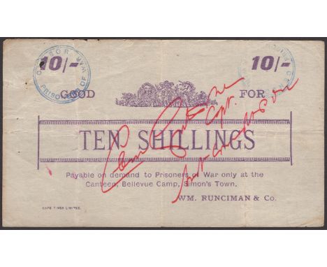 Bellevue POW Camp, Simon’s Town, good for 10 Shillings, ND (1901), purple print, cancelled with red ink across face, pinholes