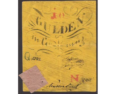 Siege of Arad, Romania/Hungary, 10 Gulden, ND (1848-49), serial numbers Q1342 and 2412, two manuscript signatures, yellow pap