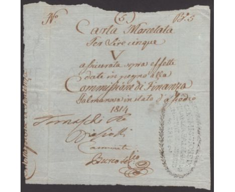 Siege of Palmanova, unissued 5 Lire, 1814, no serial number, three manuscript signatures, entirely hand-written on laid paper