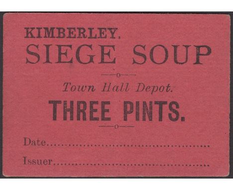 Siege of Kimberley, soup ticket for 3 pints at Town Hall depot, type 2, ND (1899-1900), red card, extremely fine, rare Ineson