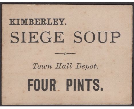 Siege of Kimberley, soup ticket for 4 pints at Town Hall depot, type 1, ND (1899-1900), beige paper, pencil annotations on re