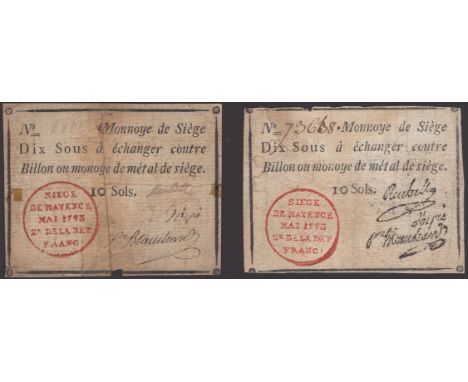 Siege of Mayence, 10 Sous (2), second issue, May 1793, serial numbers 2115 and 73638, first with three manuscript signatures,