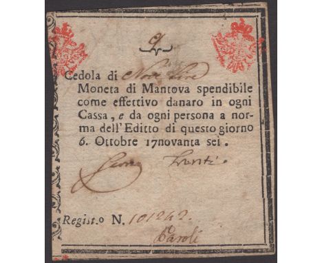 Siege of Mantova, 9 Lire, 6 October 1796, serial number 101242, two manuscript signatures, original very fine and very rare P