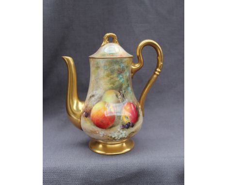 A Royal Worcester coffee pot of baluster form painted with fruit including apples, peaches, and cherries to a naturalistic gr