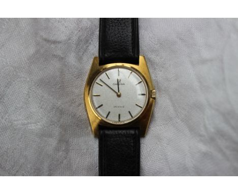 A Gentleman's Omega De Ville manual wind gold plated wristwatch, the silvered dial with batons on a leather strap.   CONDITIO