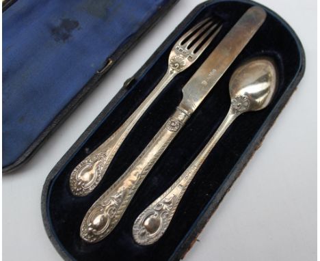 A Victorian silver christening set, comprising a knife fork and spoon, London, 1866, 1867 and Sheffield 1866, Martin, Hall & 