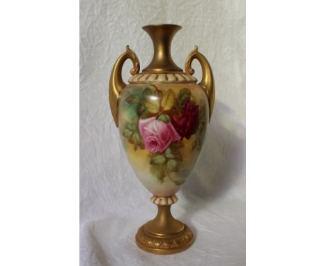 A Royal Worcester porcelain twin handled vase, with a flared neck, painted with roses to an ivory ground, signed F Harper, on