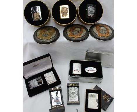 Zippo - Harley Davidson Motor Cycles limited edition lighter contained in a circular tin, together with another similar brass