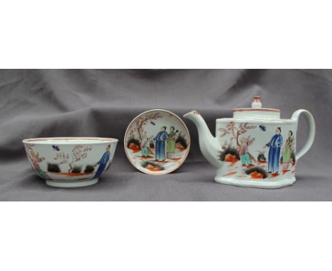 A New Hall pottery commode shape teapot, polychrome decorated with the boy and a butterfly pattern, No.421, together with a m