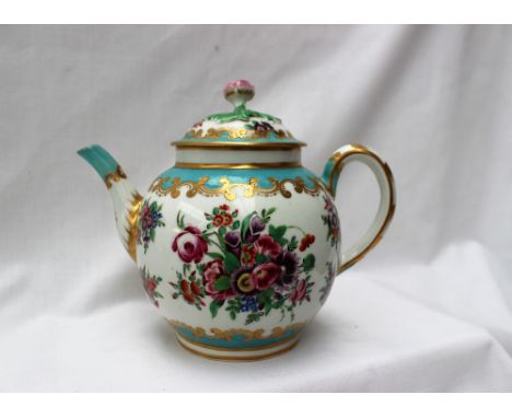An 18th century English porcelain teapot and cover, possibly Worcester, the domed cover with a flower head finial, the globe 