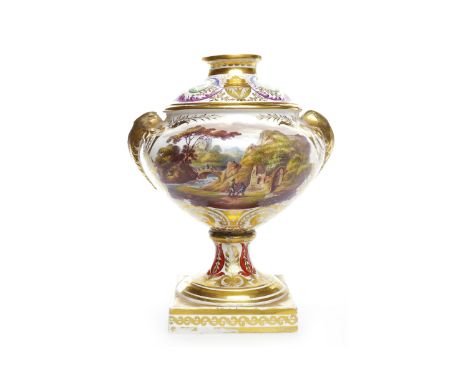 ROYAL CROWN DERBY GILT PORCELAIN VASEof tureen form, circa 1820, with two decorative gilt handles modelled as foliage, hand p