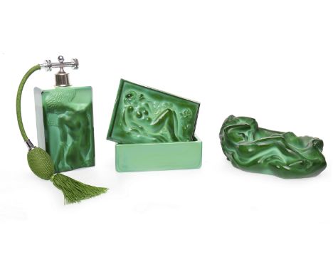 'MALACHITE' GLASS TRINKET DISH IN THE ART DECO MANNERof shaped oval form, depicting a reclining female nude, approximately 20
