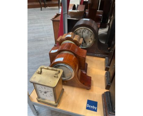 Four Edwardian and later mantel clocks including Alfred and Son of Great Yarmouth and one with inscribed plate, and a brass c