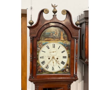 A late Georgian mahogany cased long case clock, Dundee maker indistinct, painted dial with second subsidiary, ornate carved d