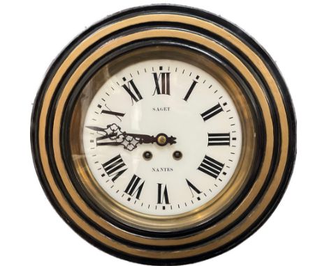 A late 19th Century French dial clock, gilt and ebonised case, dial marked Saget Nantes, restored, with pendulum 