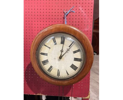 A Victorian mahogany cased postman's alarm clock, Roman dial, with pendulum and one weight 