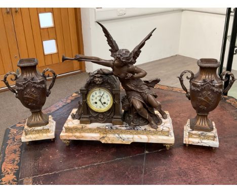 An early 20th Century French bronzed spelter clock garniture with angel musician surmounted, flanked by vases, figured marble