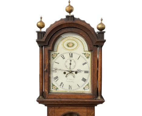 A late 18th Century eight day long case clock with enamel face by Warren of Ixworth, oak case, subsidiary second dial and cal