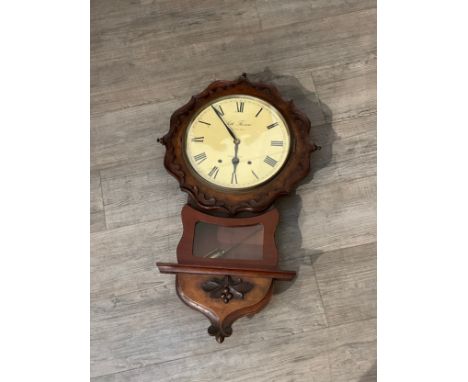 A late 19th Century drop dial wall clock with modern Seth Thomas face, 80cm tall x 47cm wide, with pendulum 