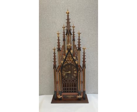A German style cathedral clock with British made movement, the front with associated inscription Adolf Pilz 1894, 104cm tall 