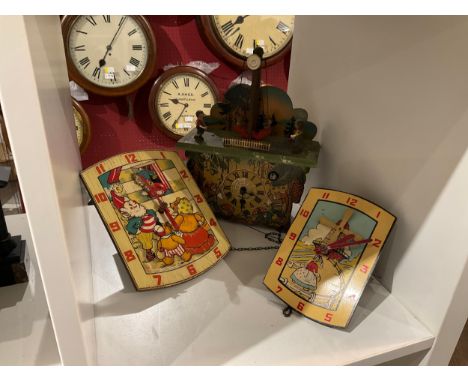 A mid Century novelty Noddy wall clock together with a Dutch wall clock with Windmill design and a swing boat mantel clock, a