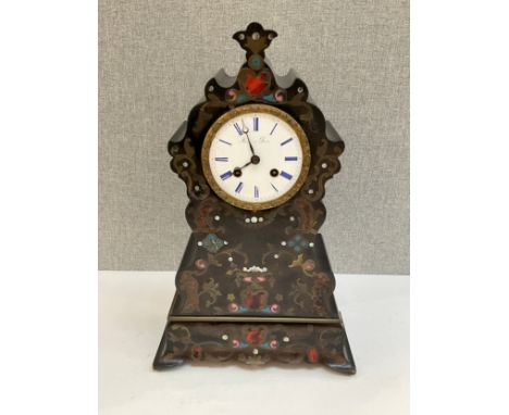 A Mole of Paris mantel clock, fretwork scrolled brass inlay, enamelled Roman dial, some losses, 39cm tall, with pendulum 