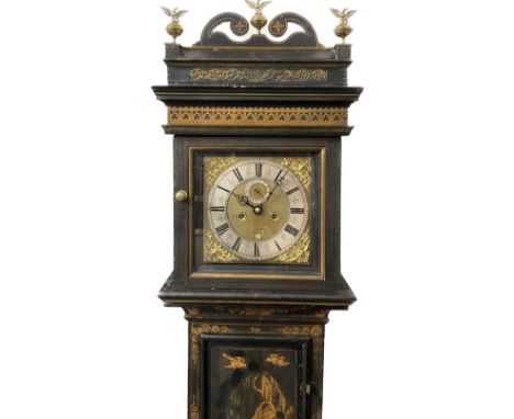 An early 18th Century brass square faced long case clock with chinoiserie case, calendar wheel and subsidiary dial, cornice a