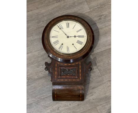 A 19th Century drop dial wall clock with inlaid case, Roman dial, with pendulum 