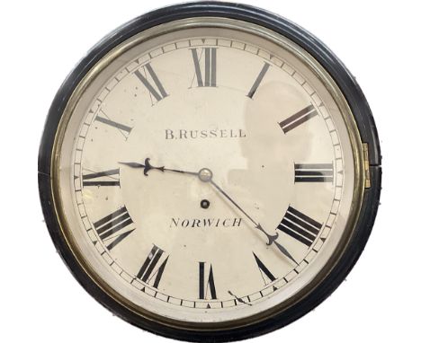 A 19th Century B. Russell of Norwich dial clock with fusee mechanism, 36cm case diameter, with pendulum 