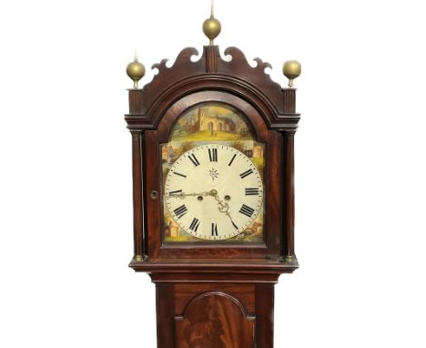 A 19th Century mahogany cased long case clock with whale tail fretwork case, possibly East Anglian, face painted with ruins a