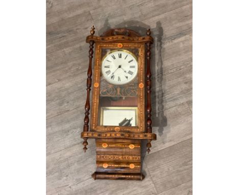 A Victorian Tunbridge style drop dial wall clock with blind fret detail, Roman numerated painted, one finial a/f, 85cm tall x