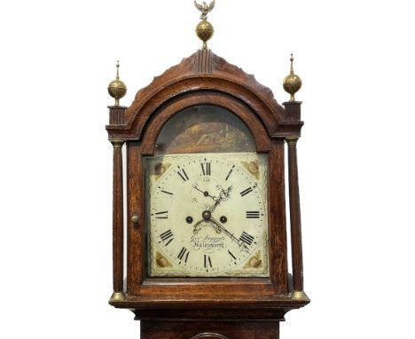 A George Suggate of Halesworth oak cased long case clock with painted hunting scene above dial, second subsidiary and calenda