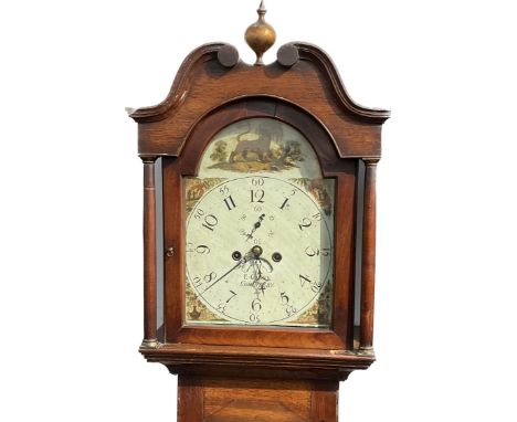 An E. Clark of Coningsby oak cased long case clock with painted dial, second subsidiary and calendar wheel, oak cased, with p