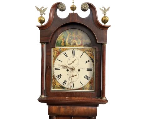 A Regency and later J No. Bryson of Dalkeith long case clock with painted arch dial depicting the sailor's return, together w