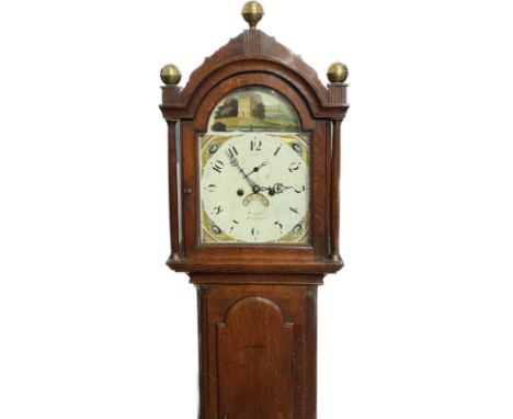A Georgian country oak long case clock with painted arch dial, scene of country house, face inscribed Suggate of Halesworth, 