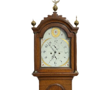 A circa 1800 J. Davy of Fakenham long case clock with subsidiary seconds and calendar dial, in oak case, face restored, 225cm