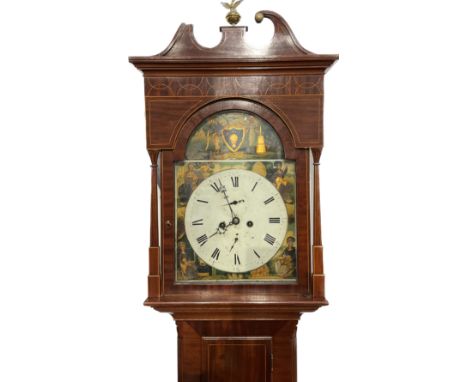 A 19th Century Dutch mahogany cased long case clock with figural painted dial, calendar and second dials, satinwood line inla