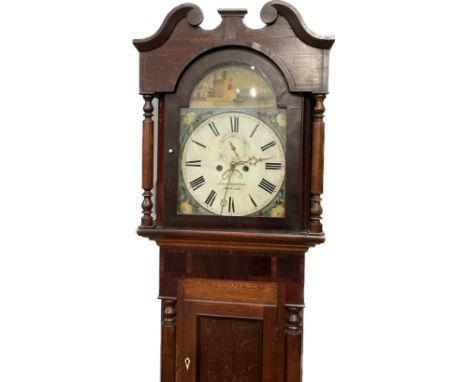 A John Griffiths of Bethesda mahogany cased long case clock of wide proportions, castle scene above painted Roman dial, secon