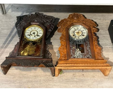 Two American mantel clocks, carved detail, including Ansonia Clock Co., with key and two pendulums 