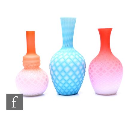 A late 19th Century quilted satin diamond air trap vase, of baluster form graded peach over opaline glass, height 18.5cm, ano