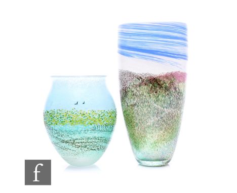 Two later 20th Century studio glass vases, to include a Siddy Langley (attributed) vase, of ovoid form, with impressionistic 