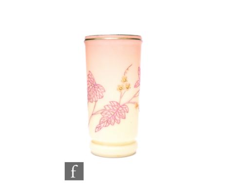 A Smith &amp; Sons late 19th Century vase, of cylindrical form on compressed foot, enamelled in relief with yellow flowering 