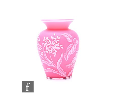 A Stevens and Williams late 19th Century Rose du Berry glass vase, of shouldered form with flared rim, opal over pink glass c