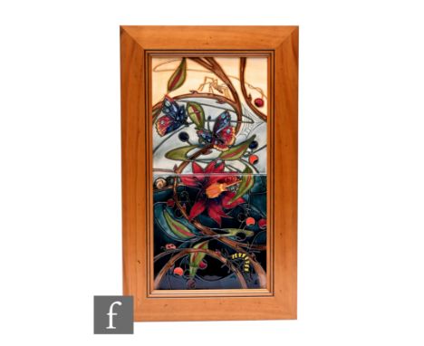 Emma Bossons for Moorcroft Pottery, a 'Hartgring' two tile plaque, circa 2002, tubeline decorated with stylized flower and le