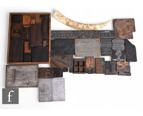 A collection of early 20th century wooden printing blocks, also a County Express block, Excalibur plates and other printing b