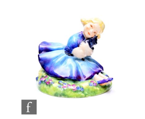 Anne Acheson for Royal Worcester, 'Pansy', modelled as a young girl with kitten, on circular naturalistic base, black printed