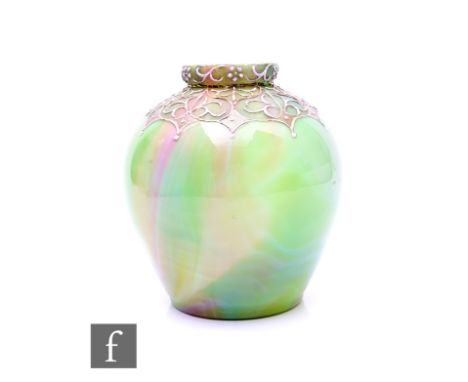 A Loetz (attributed) Marmorierte onyx glass vase, of shouldered form with collar, circa 1900, iridescent enamelled shoulders 