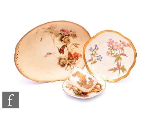 Edward Raby for Royal Worcester, a blue ivory reticulated dish, of oval reticulated form, on oval foliate moulded foot, paint